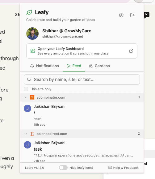 Leafy: The extension: a feed grouped by site, with notifications and Gardens a tab away.