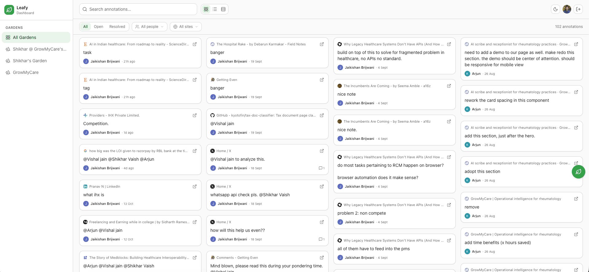 Leafy: The dashboard: every annotation across every site, in one place.