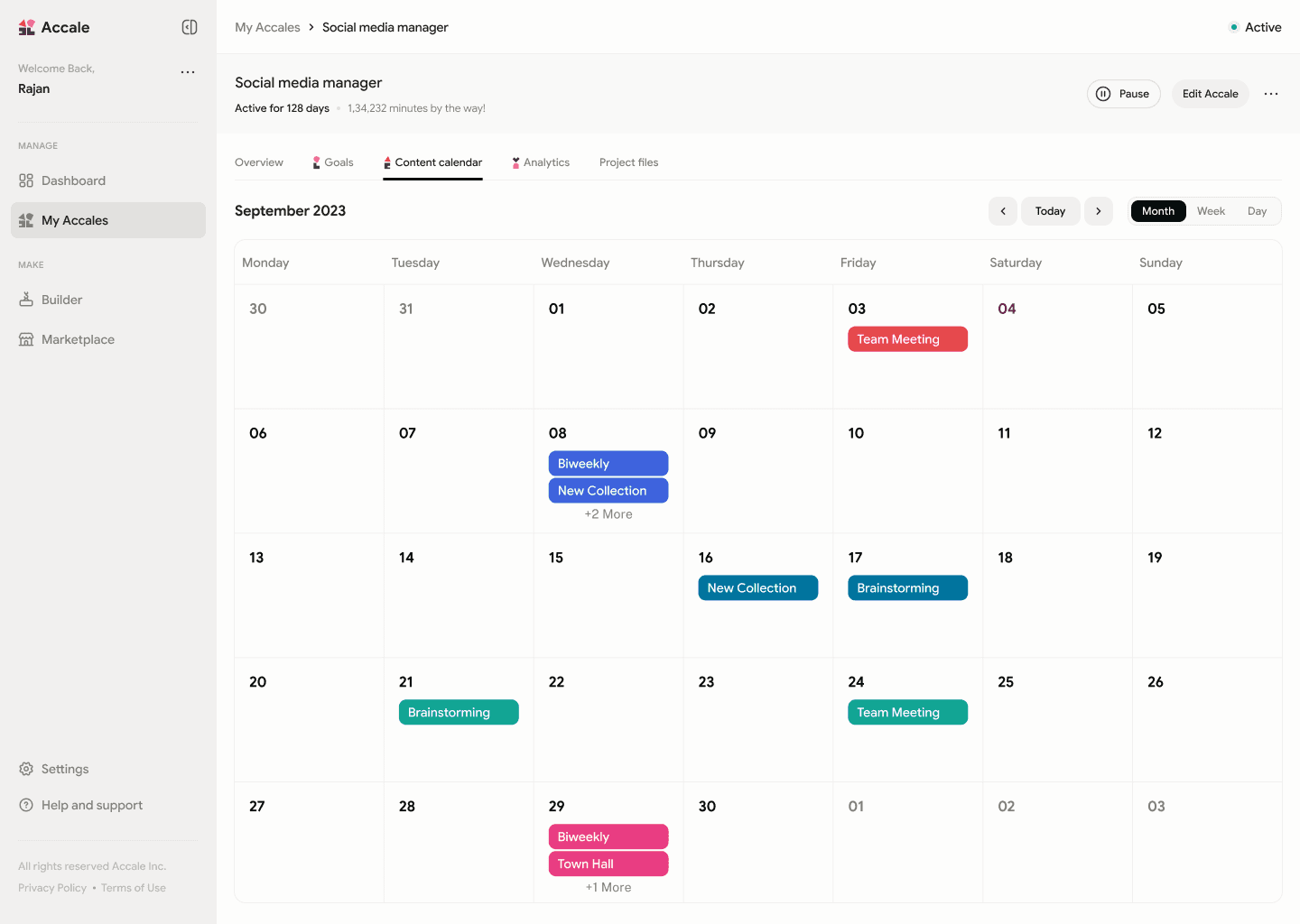 Accale: Content calendar: what the agents have planned.