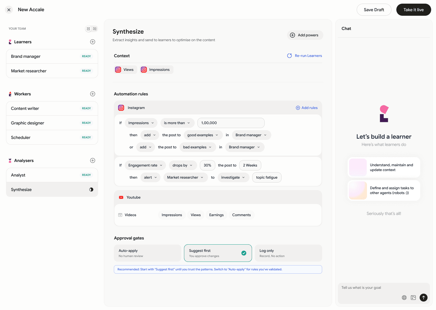 Accale: Automation rules with an approval gate on each.